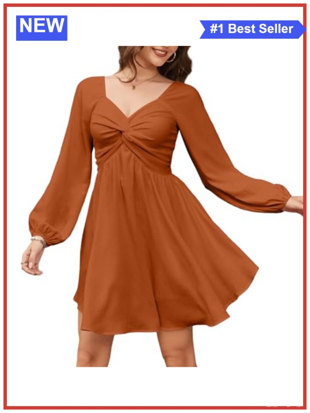 Women's Sweetheart Knot Front Long Sleeve Smocked Back A-Line Chiffon Mini Dress